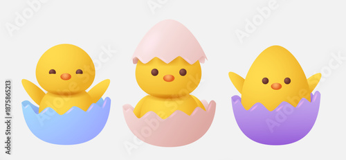 Three cute chicks hatched from egg. 3D vector little yellow bird on isolated background