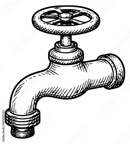 Hand drawn line art illustration of a water faucet depicting a vintage plumbing fixture for household use