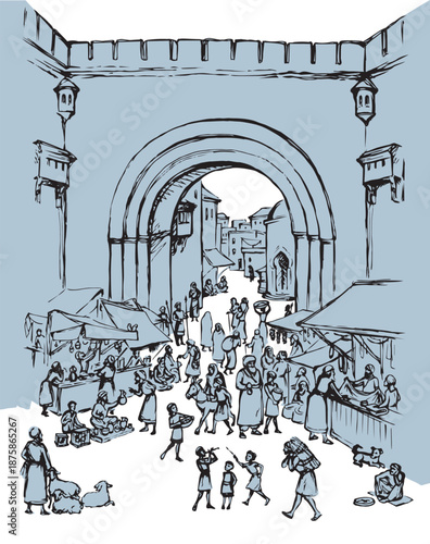 Orient biblical religion heritage vendors women scene view. Antique fes arch gate fortress building on white background. Black hand saudi rabat bazar quarter picture sketch in vector art graphic style