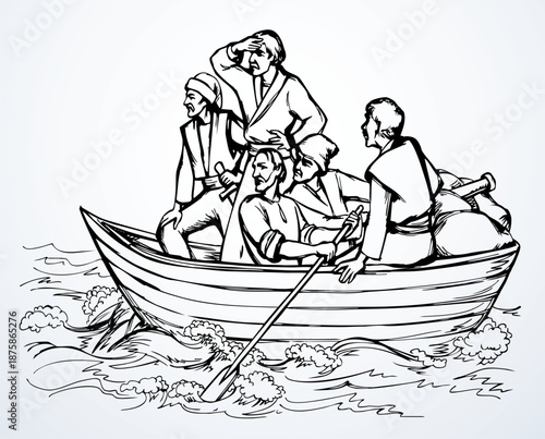 Vector drawing. Ancient men in the boat