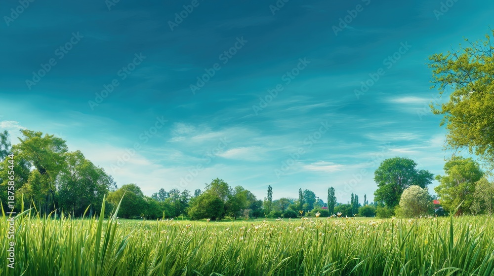 Fototapeta premium Lush Green Meadow Under Bright Sky with Fluffy Clouds and Vibrant Trees in Calm Landscape Scene