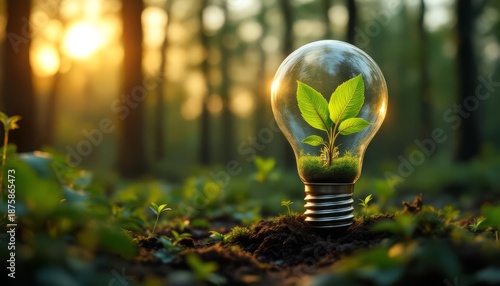 Green sapling grows inside clear glass light bulb, rooted in forest soil. Golden sunset illuminates blurred woodland, symbolizing sustainable energy, environmental innovation.