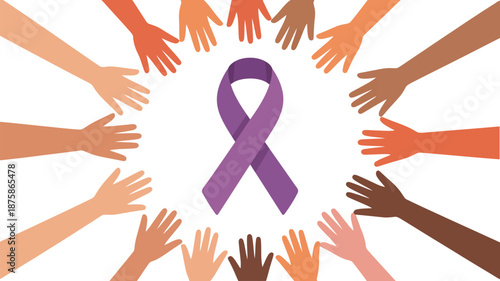 Hands united in support with purple ribbon Vector