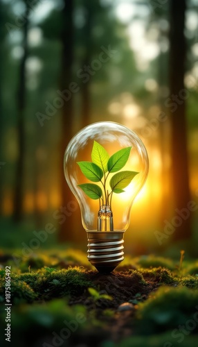 Green sapling grows inside clear glass light bulb, rooted in forest soil. Golden sunset illuminates blurred woodland, symbolizing sustainable energy, environmental innovation.