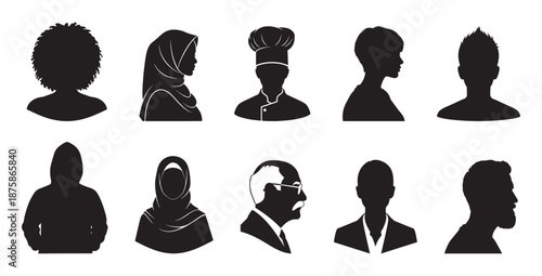 Set of 10 diverse people profile silhouette icons in flat minimal style vector illustration