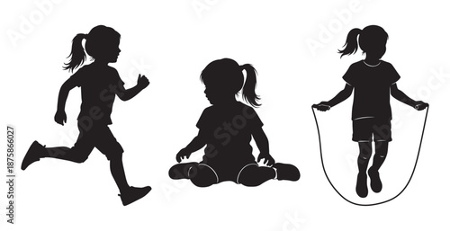 Set of 3 girl silhouette poses including running, sitting and skipping rope in flat minimal style vector illustration