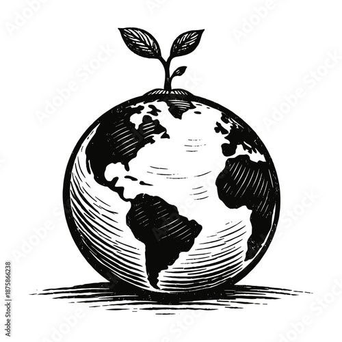 Earth with sprouting plant representing eco awareness, green living, and climate action, perfect for sustainability and nature projects, vector illustration.
