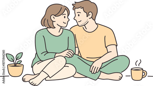 Image Generation. Partners enjoying a tender moment of connection, seated side by side with soft eye contact and calm body