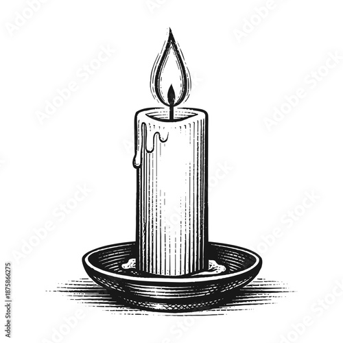 Burning candle in holder symbolizing peace, spirituality, and relaxation, ideal for wellness, memorials, and romantic themes, vector illustration.