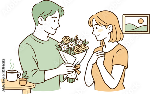 Image Generation. Man presenting flowers to a woman with a soft smile, calm body language and subtle closeness suggesting