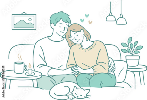 Image Generation. Lovers quietly spending an evening together, sitting close in a peaceful everyday moment of togetherness,