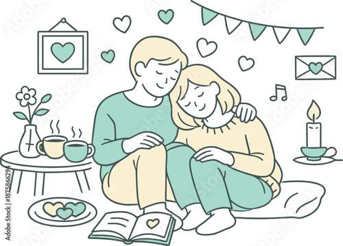 Image Generation. Couple quietly enjoying a love themed day together, sitting close in a calm everyday celebration of togetherness