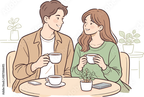 Image Generation. Man and woman enjoying a quiet moment in a cafe, seated comfortably side by side with cups on the table and