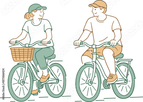 Image Generation. Partners enjoying a gentle bike ride together, pedaling slowly with easy body language and quiet connection,