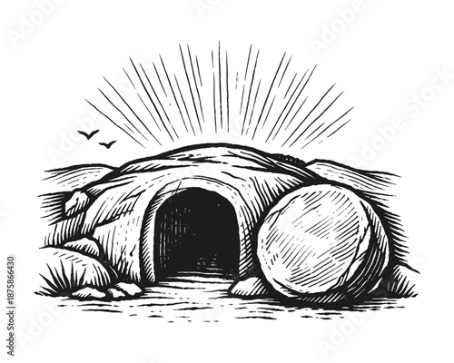 Empty tomb with rolled stone and sunrise, symbol of resurrection, Easter, and Christian hope, perfect for faith and spiritual themes, vector illustration.