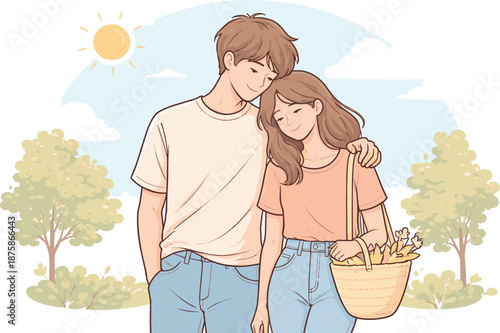 Image Generation. Partners spending a pleasant sunny day outdoors, standing close and sharing a calm moment under warm sunlight