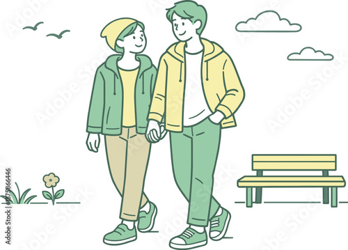 Image Generation. Partners taking a gentle spring stroll, light jackets and easy body language suggesting comfort, renewal, and