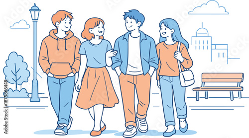 Image Generation. Close friends enjoying a sunny walk through the city, easy steps and gentle conversation suggesting comfort and