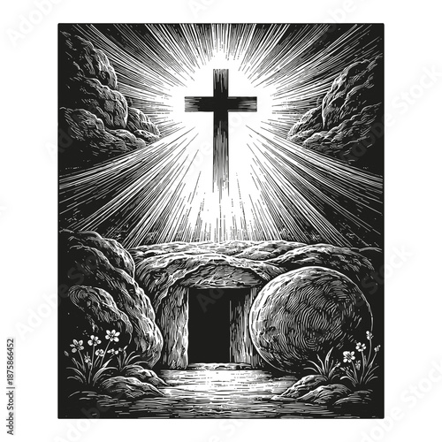 Resurrection scene with open tomb and glowing cross, symbolizing Easter, salvation, and Christian hope, ideal for faith and worship themes, vector illustration.