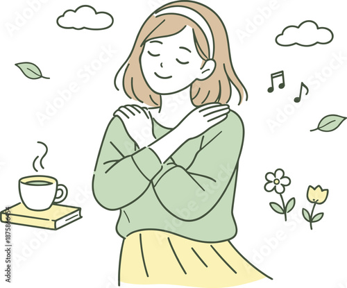 Image Generation. Woman embracing early spring atmosphere, relaxed posture and gentle expression suggesting renewal and lightness,