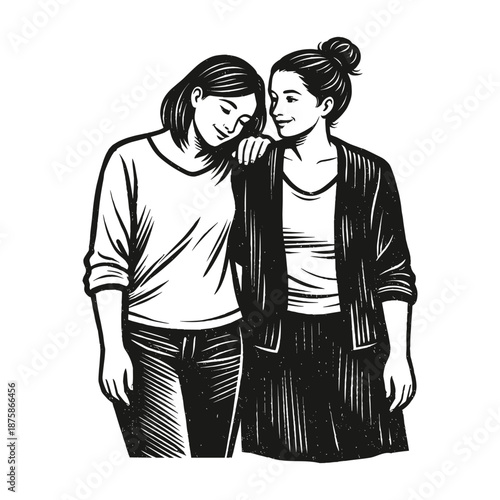 Supportive friendship between two young women, showing empathy, care, and emotional connection; vintage hand-drawn vector illustration.