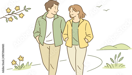 Image Generation. Man and woman taking a gentle walk during springtime, light jackets and easy body language suggesting comfort
