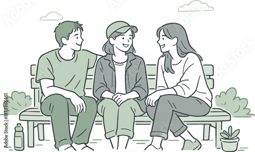 Image Generation. Close friends enjoying conversation while sitting on a bench outside, casual body language and gentle smiles