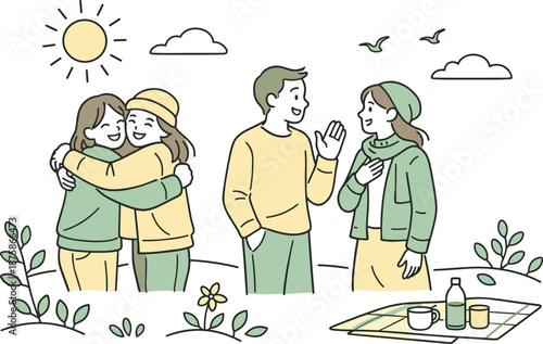 Image Generation. Close friends greeting the change of season outdoors, gentle gestures and easy body language suggesting renewal