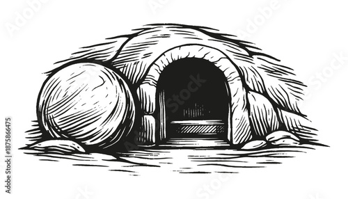 Empty tomb with stone rolled away, symbolizing Christ's resurrection and Easter morning; hand-drawn vintage engraving style, vector illustration.