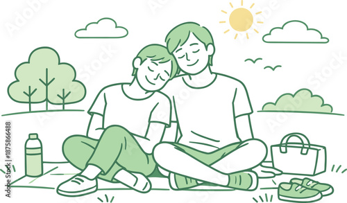 Image Generation. Partners enjoying a peaceful moment in a sunny park, seated side by side with easy body language and calm