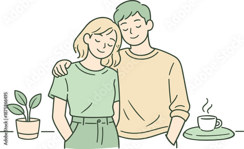 Image Generation. Two people embracing a green inspired moment, standing side by side with gentle body language and peaceful