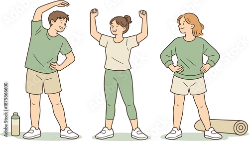 Image Generation. Close friends enjoying light outdoor exercise, standing comfortably and doing gentle movements with easy body