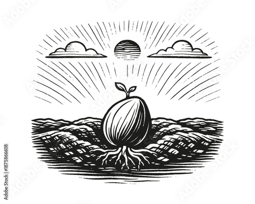 Sprouting seed in soil with roots and sunrise in background, symbolizing growth, new beginnings, and potential; hand-drawn vintage style vector illustration.