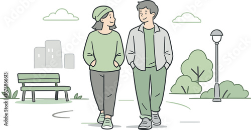 Image Generation. Two people enjoying a gentle walk in a city park, moving side by side with easy steps and quiet conversation in