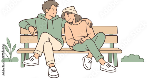 Image Generation. Close friends resting on a park bench outside, relaxed body language and gentle conversation suggesting comfort