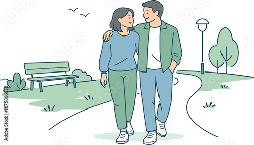 Image Generation. Partners enjoying a gentle walk on a park path, unhurried steps and easy body language suggesting comfort and