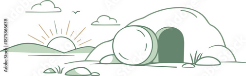 Image Generation. Resurrection morning symbolized by an open empty tomb, gentle sunrise glow and peaceful stillness expressing