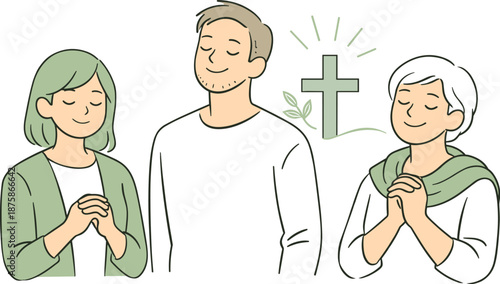 Image Generation. People reflecting on Easter faith and hope together, standing side by side with peaceful expressions and relaxed