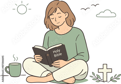 Image Generation. Quiet Easter reflection while reading the Bible, individual seated comfortably with gentle focus and serene body