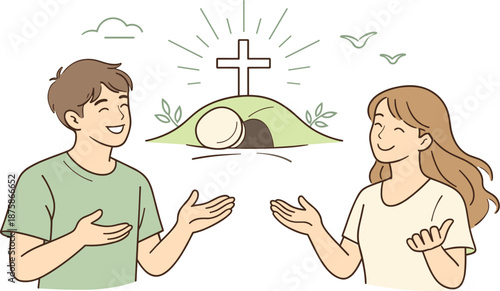 Image Generation. Christian belief celebrating resurrection joy, two individuals sharing a peaceful joyful moment with gentle