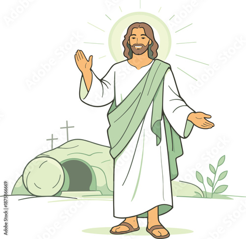 Image Generation. Victory over death shown through risen Jesus presence, relaxed stance and subtle glow conveying faith, renewal,