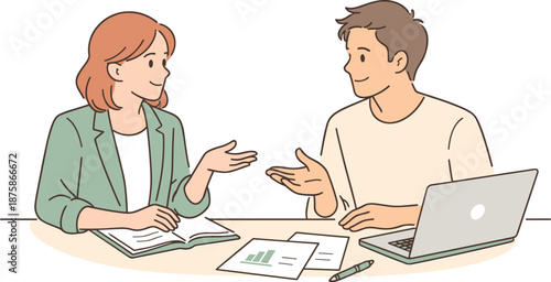 Image Generation. Man and woman discussing work strategy together, seated at a simple table with gentle hand gestures and