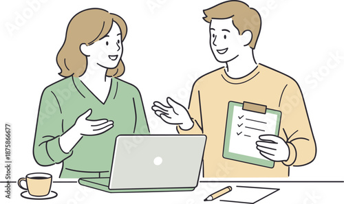 Image Generation. Colleagues collaborating on a shared task, standing side by side and exchanging thoughts with gentle gestures