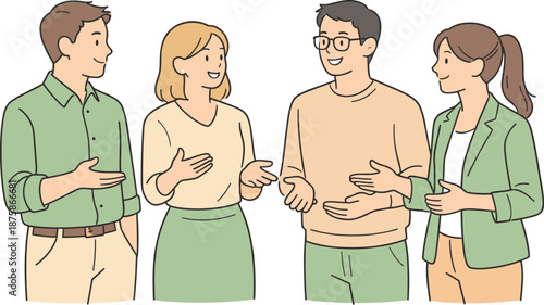 Image Generation. Colleagues gathered for a small office meeting, standing side by side and exchanging thoughts with gentle hand
