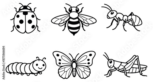 Hand drawn line art cartoon insect and bug set featuring a ladybug, bee, ant, caterpillar, butterfly, and grasshopper for nature and garden themes