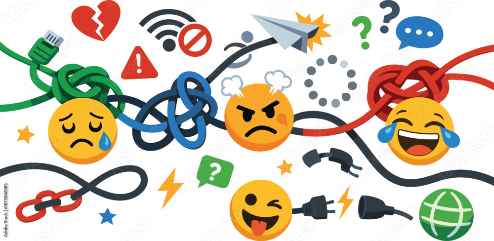 Fototapeta premium Image Generation. Abstract digital communication breakdown illustrated with knotted cables, expressive emojis, and scattered
