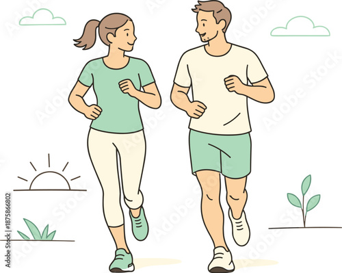 Image Generation. Partners starting the day with a light run, steady pace and easy body language capturing motivation, balance,