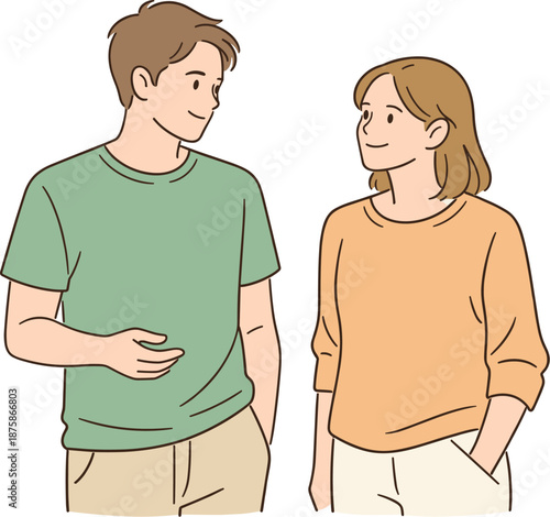 Image Generation. Two people sharing a quiet conversation, standing side by side with relaxed posture and soft eye contact