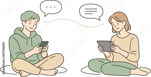 Image Generation. Friends connecting through online chat, two people seated comfortably and holding devices with gentle smiles and