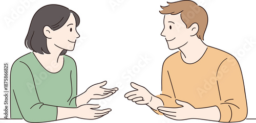 Image Generation. Human connection built through quiet conversation, two people facing each other with gentle hand gestures and